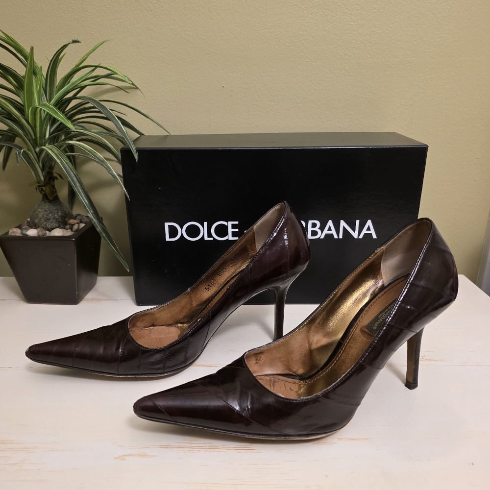 Dolce & Gabbana | Dark Brown Leather Pointed-Toe Pumps Sz 36.5 - Picture 2 of 12